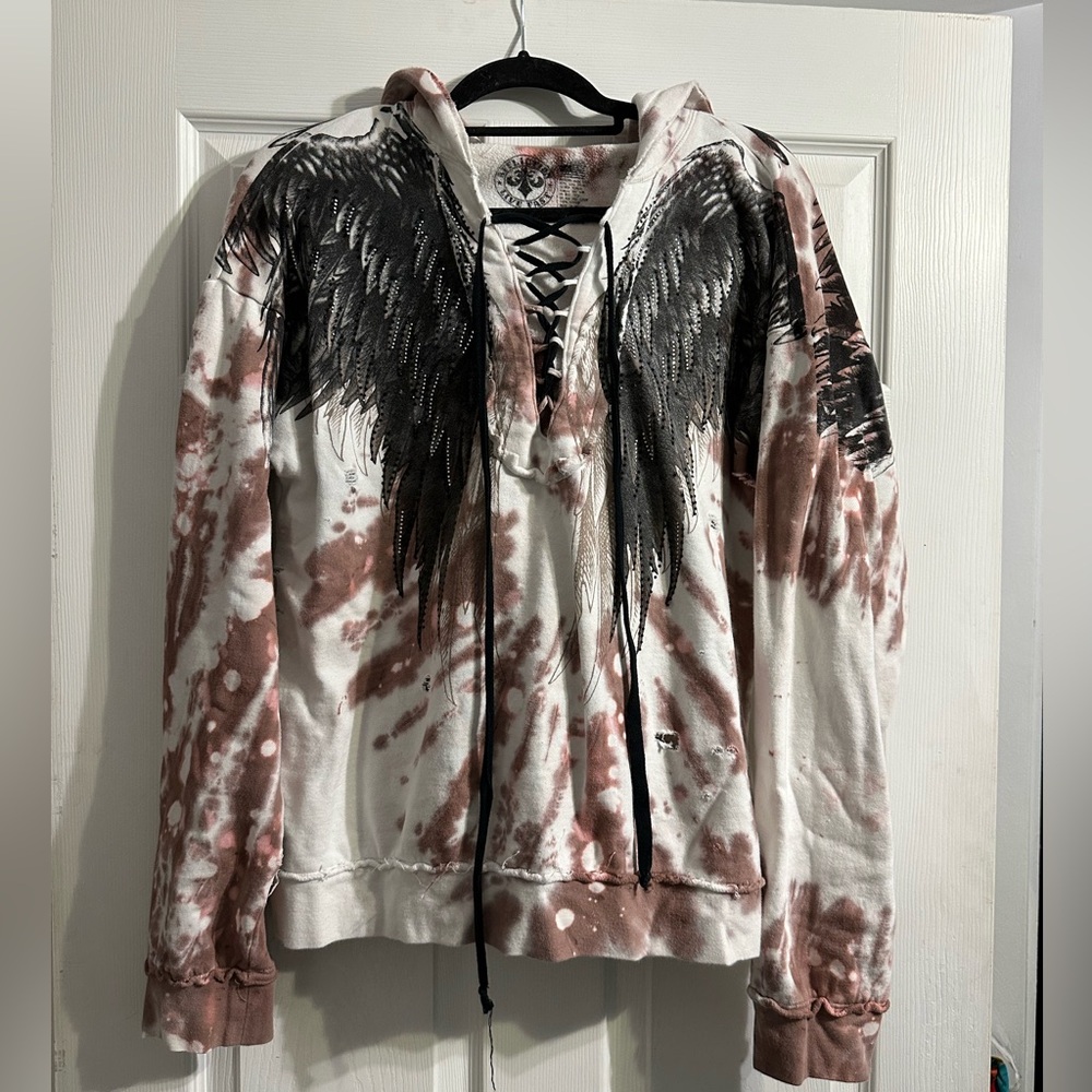 Affliction White and Pink Tie-Dye Lace-Up Hoodie with Black Emblem
